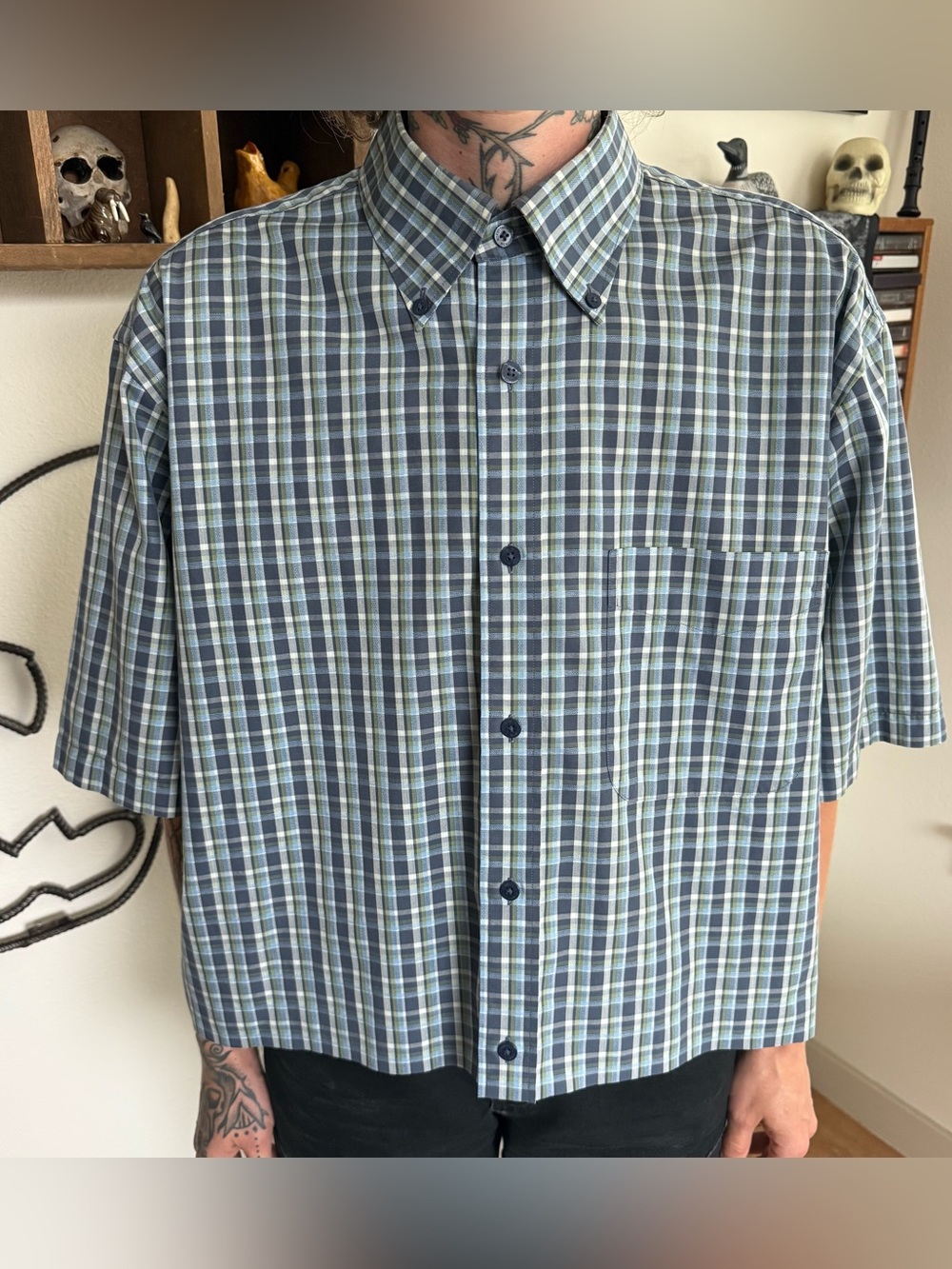 Vintage Y2K Cropped Plaid SS Button Down Shirt Preppy Streetwear ~ Size Large